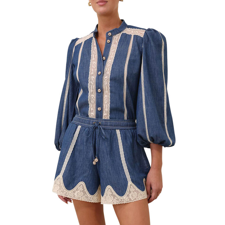 Awaken Lace Contrast Denim Button-Down Shirt image number null