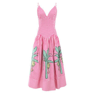 Sleeveless Palm Tree Stripes Cutwork Midi Dress