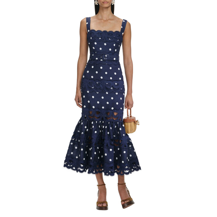 Sleeveless Linen Polka Dot Belted Midi Dress image number null