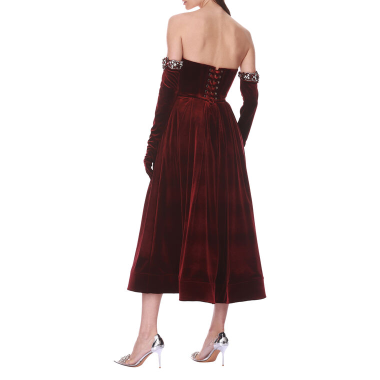 Velvet Strapless Midi Dress With Gloves image number null