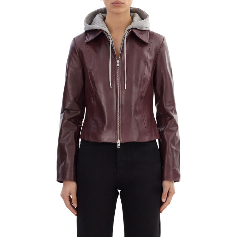 Sally Leather Biker Jacket With Hooded Sweatshirt Accent image number null