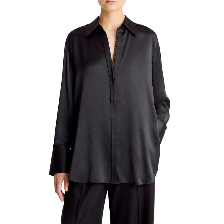 Placket Lace Trim Relaxed Silk Shirt image number null