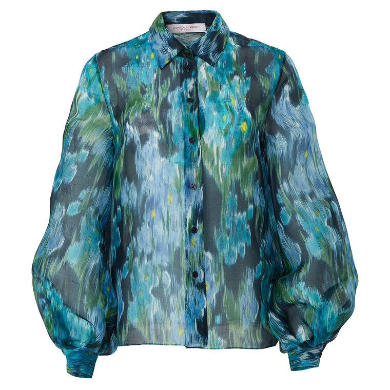 Floral-Print Organza Puff-Sleeve Blouse image number null