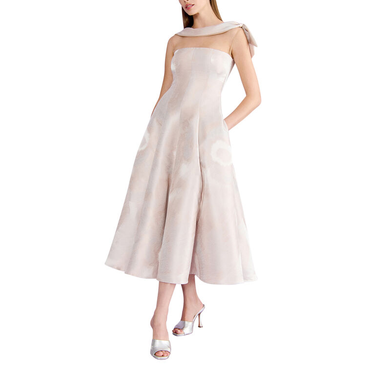 Jacquard Cap Sleeve Sheer Front Midi Dress image number null