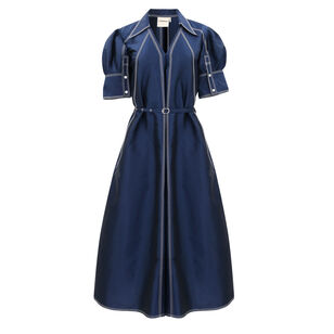 Guilded Belted Puff-Sleeve Midi Dress
