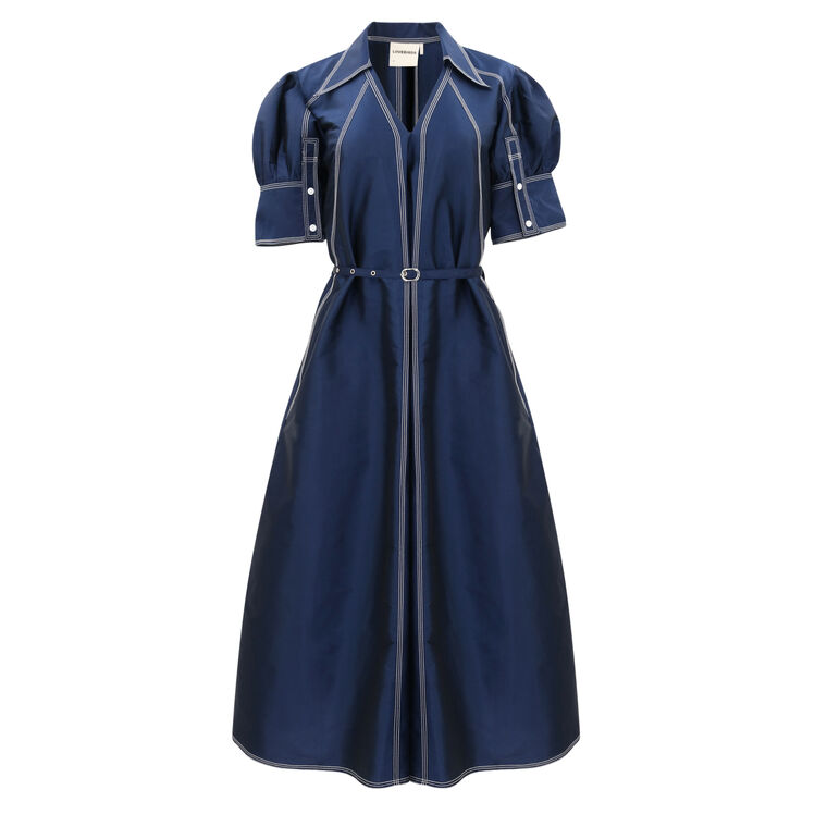 Guilded Belted Puff-Sleeve Midi Dress image number null