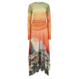 Printed Mesh Handkerchief Hem Midi Dress