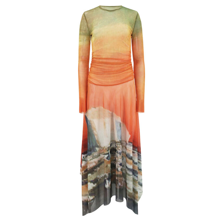 Printed Mesh Handkerchief Hem Midi Dress image number null