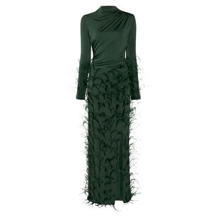 Jersey Draped Gown With Feathers