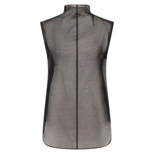 Sheer Silk Leather Trim Sleeveless Top