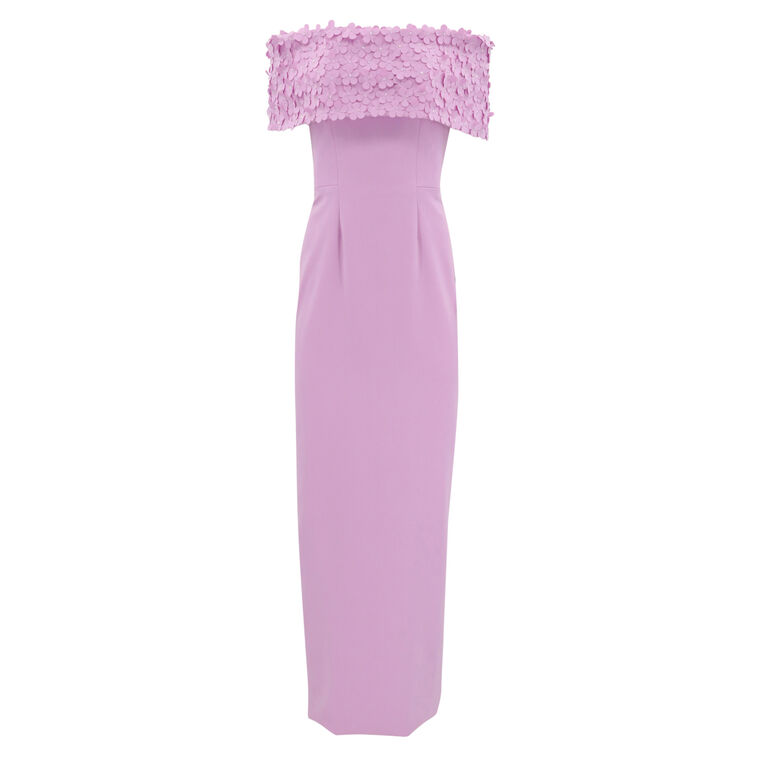 Off-Shoulder Roll Collar Gown With Camellia Petals image number null