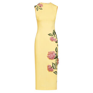 Sleeveless Porcelain Flowers Embroidered Wool Midi Dress