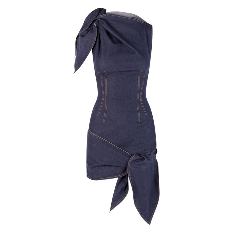 Bow Tie Detail Sleeveless Denim Mini Dress image number null