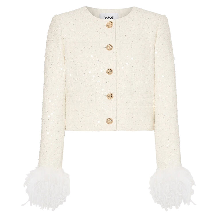 Aya Beaded Tweed Jacket With Feather Cuff image number null