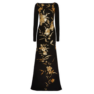 Embroidered Boat Neck Long Sleeve Fit-And-Flare Gown
