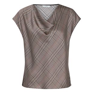 Pressed Plaid Cowl Neck Cap Sleeve Silk Blouse