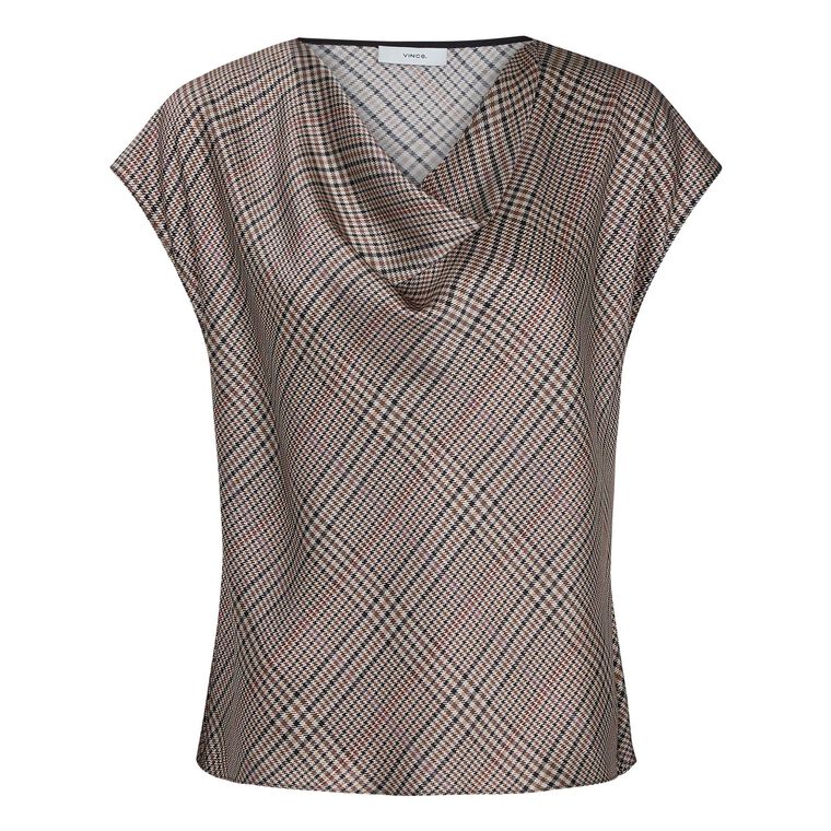 Pressed Plaid Cowl Neck Cap Sleeve Silk Blouse image number null