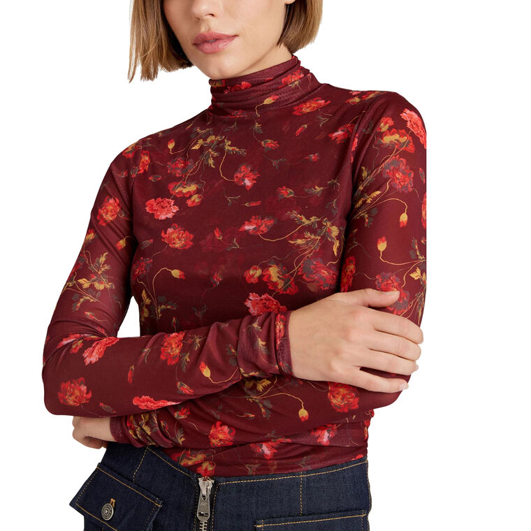 Falling Poppies Shirred Mesh Turtleneck Top image number null