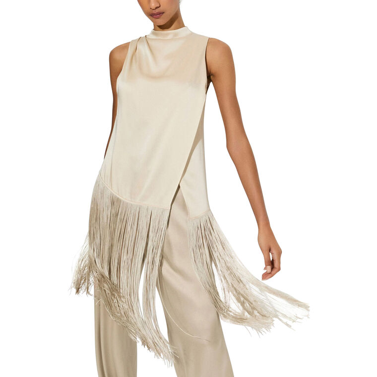 Sleeveless Satin Cowl Neck Fringe Top image number null