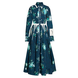 Long Sleeve Floral Print Cotton Faille Shirt Dress