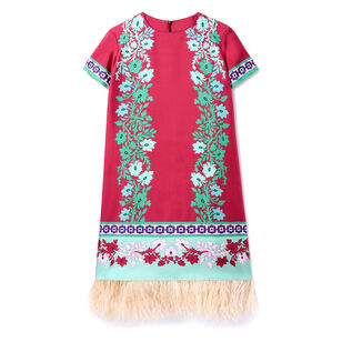Short Sleeve Mini Swing Dress With Feathers