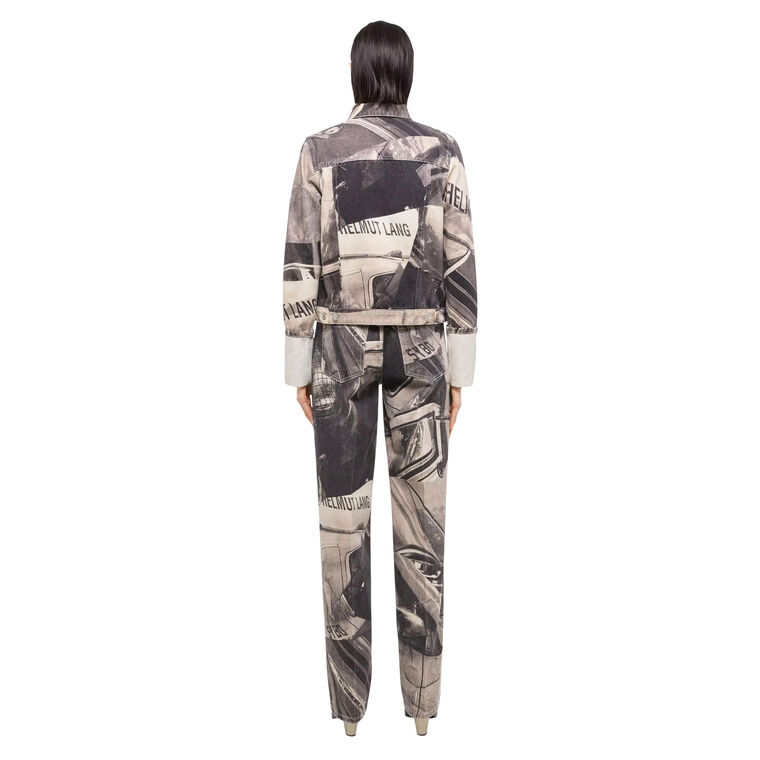 Cuffed Zip Printed Denim Trucker Jacket image number null