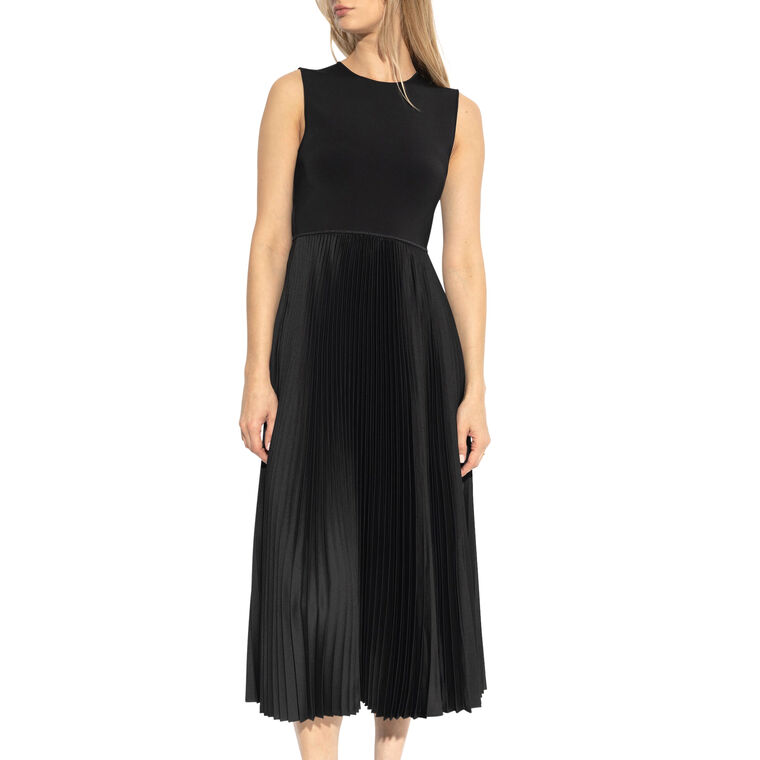 Pleated Satin Combo Crewneck Midi Dress image number null