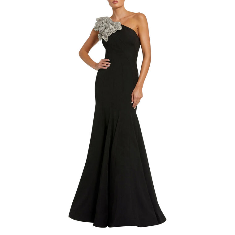 Crepe One Shoulder Gown With Crystal Flower image number null
