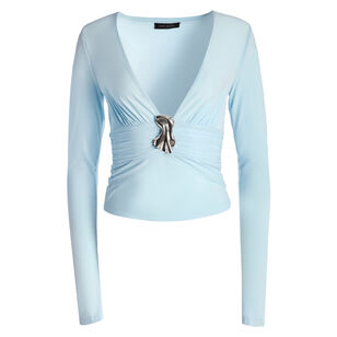 Plunging V-Neck Flared Sleeve Top With Brooch Detail