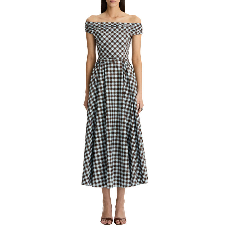 Off-The-Shoulder Belted Gingham Cotton Poplin Midi Dress image number null