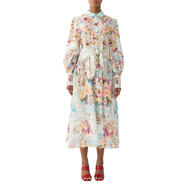 Long Sleeve Waist Tie Midi Shirt Dress image number null