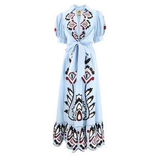 Artisanal Embroidered Lace Front Bow Maxi Dress