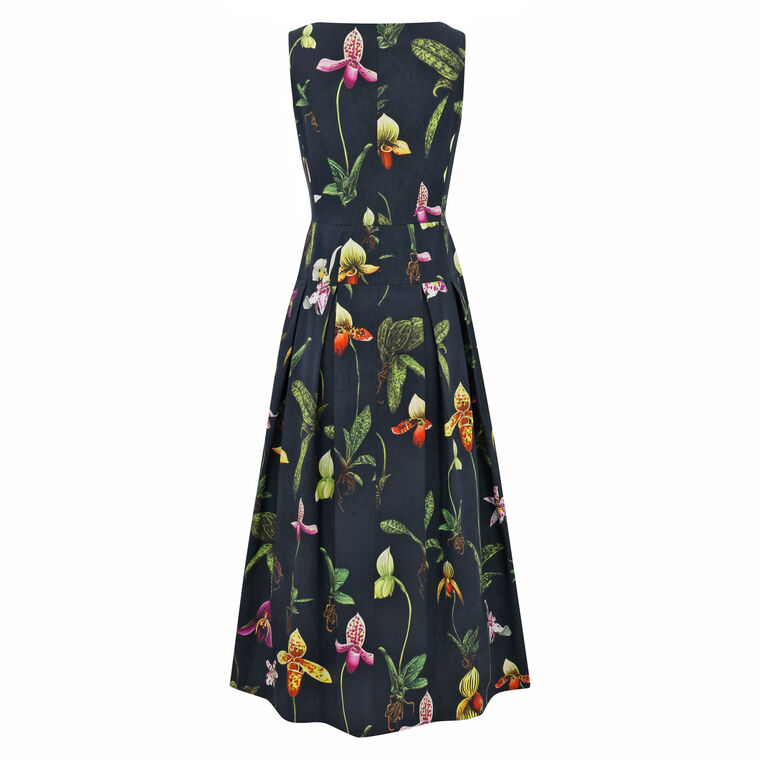 Orchid Print Cotton Poplin Zip Front Sleeveless Dress image number null