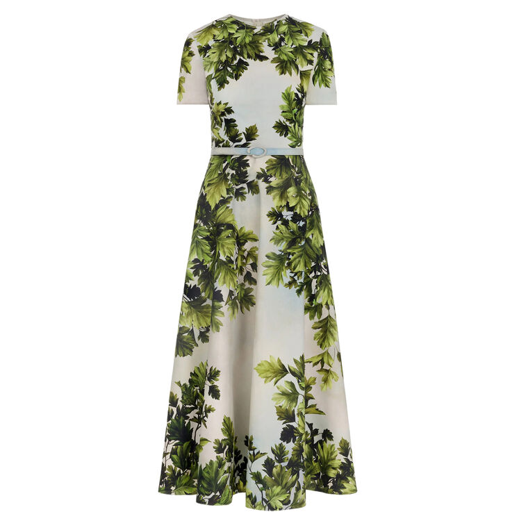 Short Sleeve Maple Leaves Cotton Poplin Midi Day Dress image number null