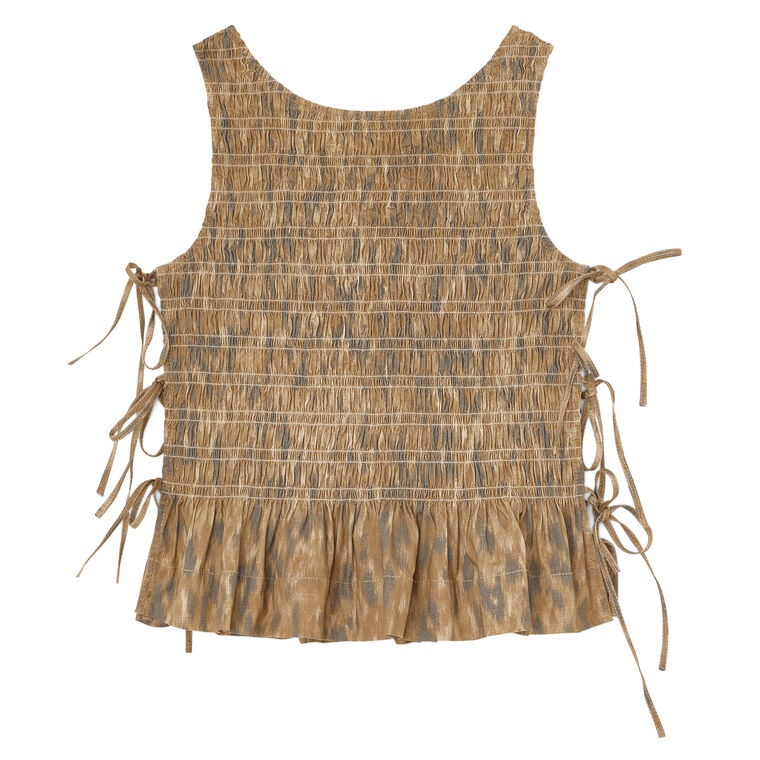 Printed Cotton Smocked Tie Strap Tank Top image number null