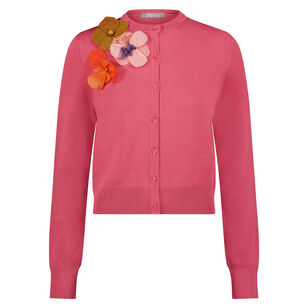 Floral Applique Knit Crewneck Long Sleeve Cardigan