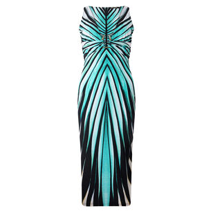Ray Of Sea Print Lycra Jersey Sleeveless Fang Detail Midi Dress