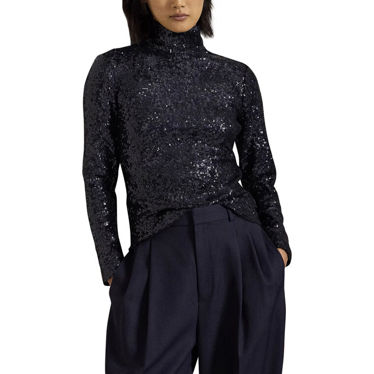 Sequin Long Sleeve Pullover Turtleneck Top image number null
