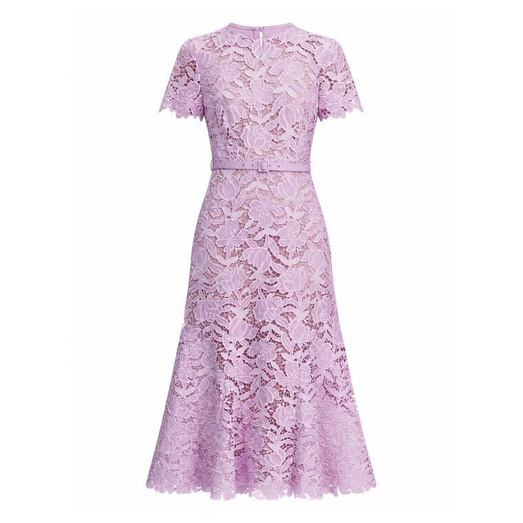 Short Sleeve Belted Lace Midi Dress image number null