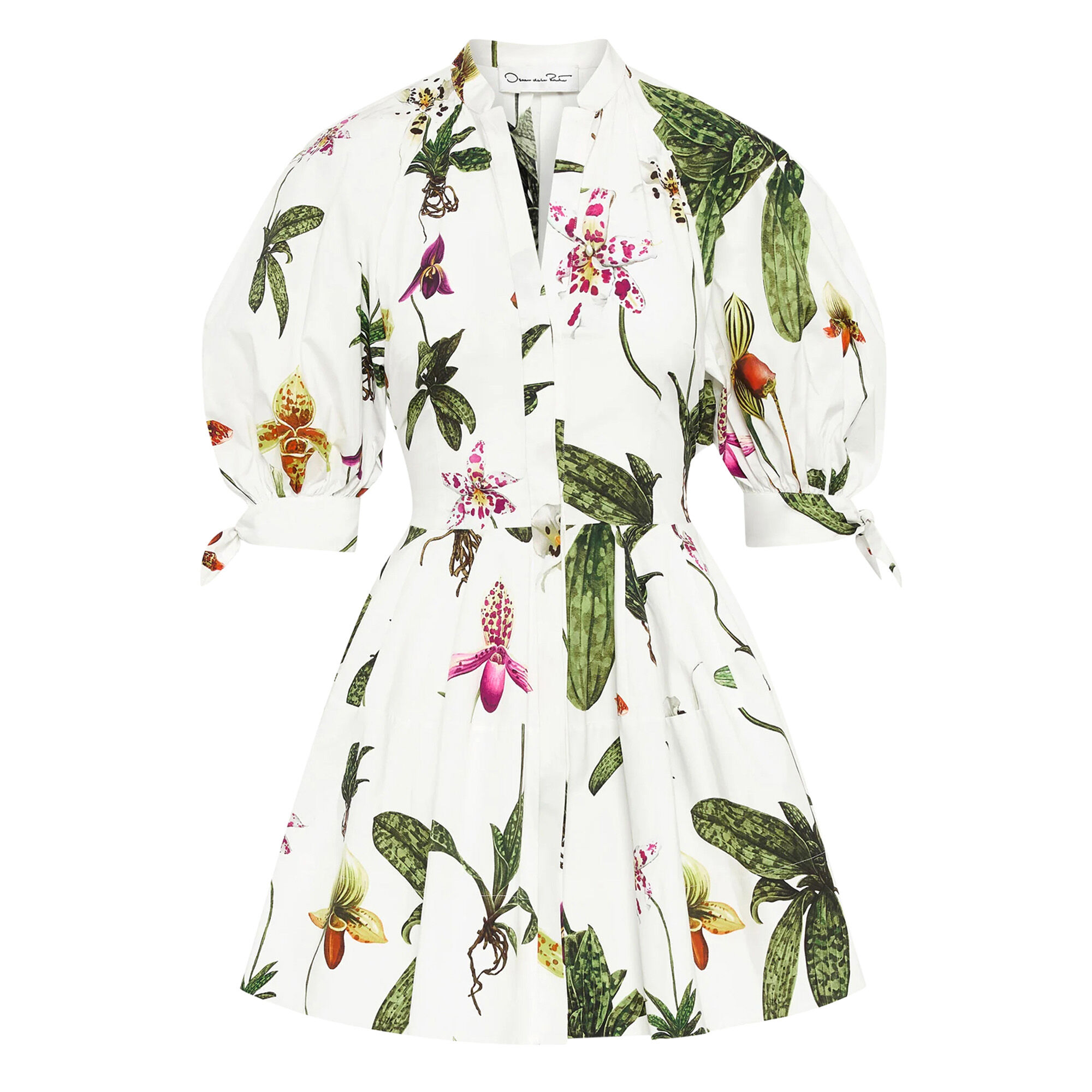 Oscar de la Renta Orchid Print Cotton Poplin Puff Sleeve Dress