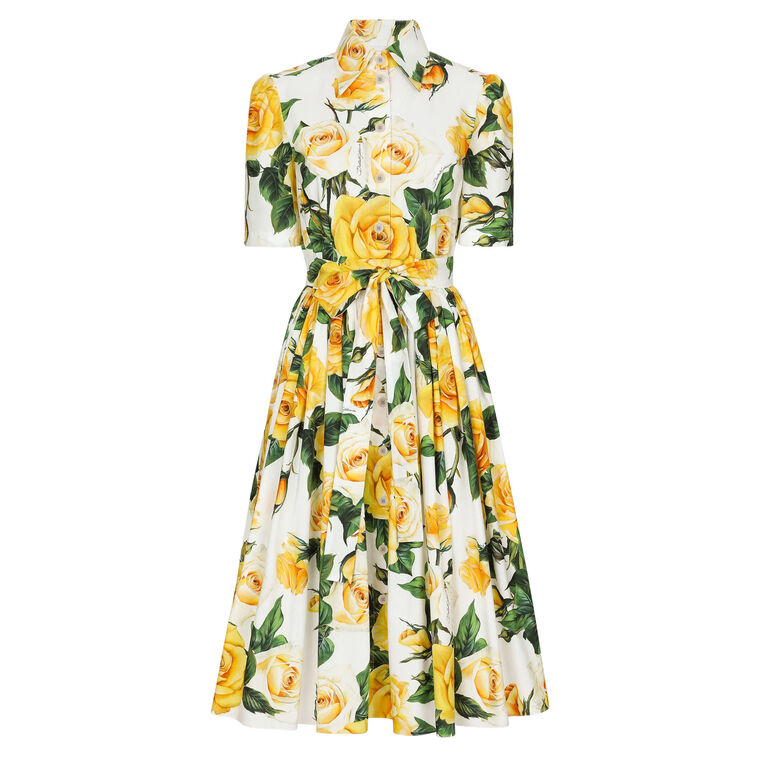 Cotton Shirt Dress With Yellow Rose Print image number null