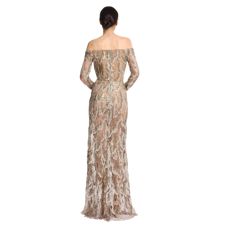 Off-The-Shoulder Embroidered Tulle Long Sleeve Maxi Dress image number null