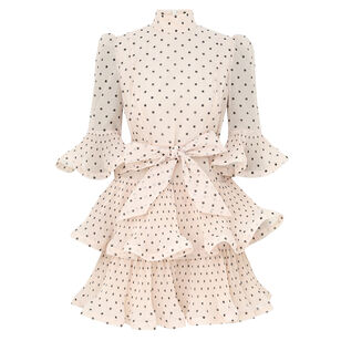 Pleated Sleeved Belted Polka Dot Mini Dress