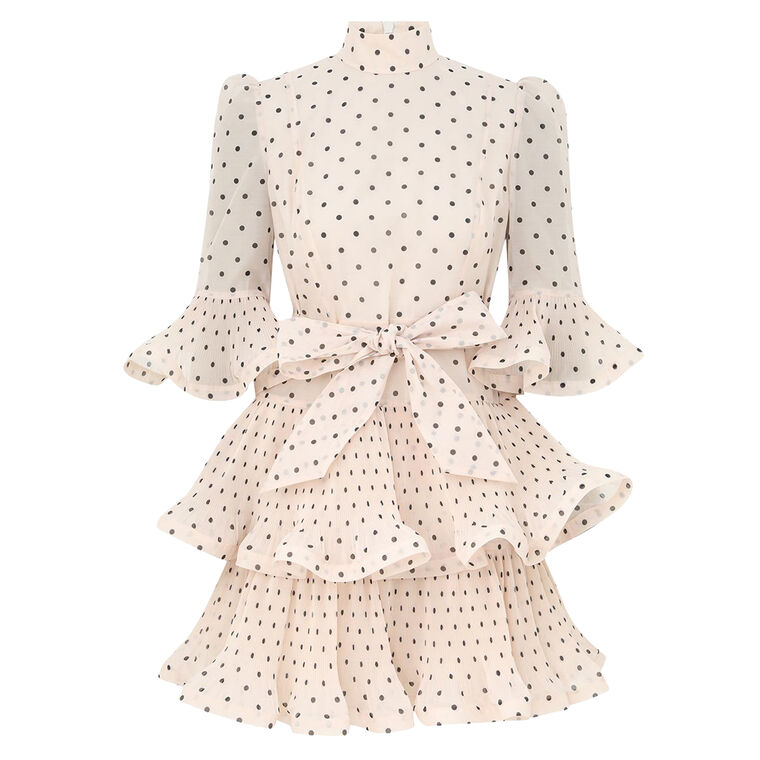Pleated Sleeved Belted Polka Dot Mini Dress image number null