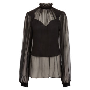 Ruffled Highneck Long Sleeve Silk Blouse