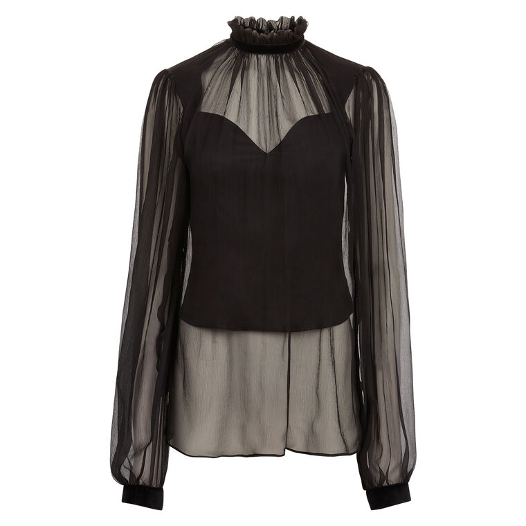 Ruffled Highneck Long Sleeve Silk Blouse image number null