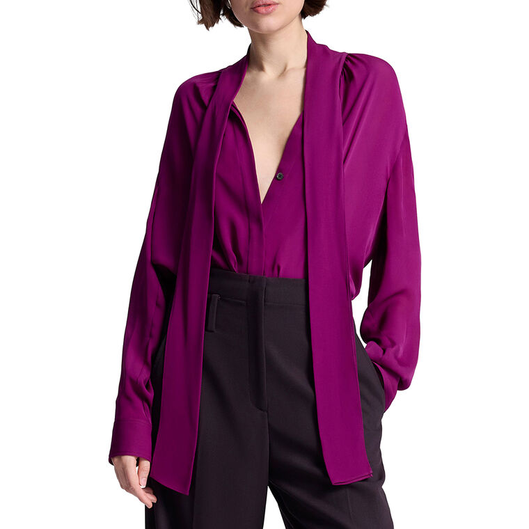 Vivi Long Sleeve Tie-Neck Silk Top image number null