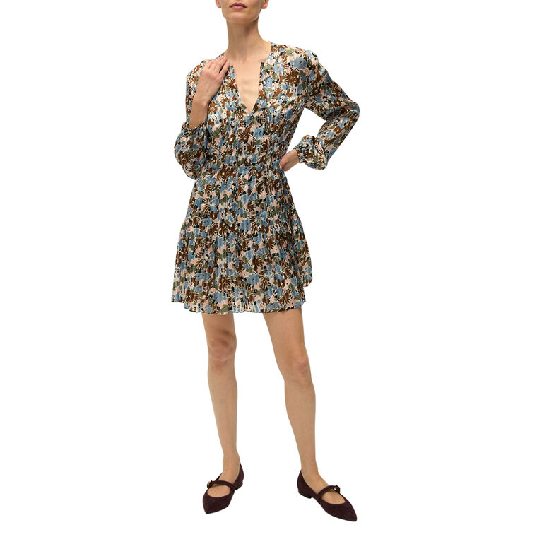 Nyjah Floral Pintuck Long Sleeve Silk Mini Dress image number null