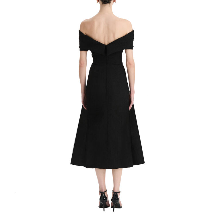 Off-The-Shoulder Slubby Wool Tweed Cocktail Midi Dress image number null