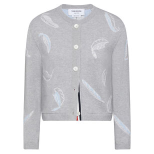 Feather Intarsia Printed Silk Twill Crew Neck Cardigan
